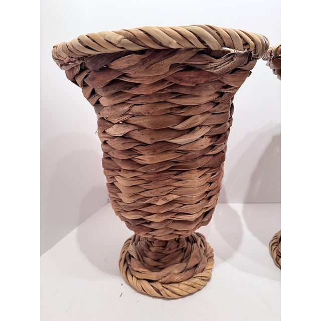 Vintage Pair Woven Wicker Urn Style Pedestal Vases For Sale - Image 9 of 12
