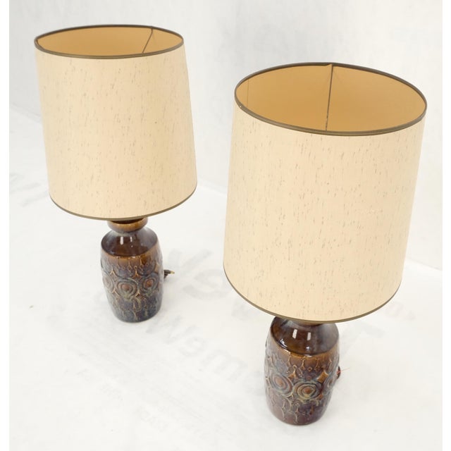 Mid 20th Century Brown Grey Blue Glazed Pottery Ceramic Vase Shape Table Lamp Mint - a Pair For Sale - Image 10 of 14
