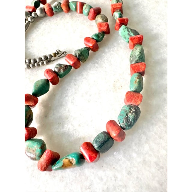 Native American Vintage Native American Turquoise and Coral Beaded Necklace With Sterling Silver Clasp For Sale - Image 3 of 4