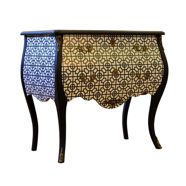 Antique Rococo bureau with marble top and legs in matte black. Front and side in an Art Deco black and white graphic...