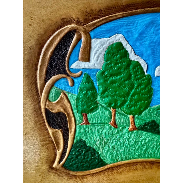 Rustic 1970s Hand Tooled Leather Landscape Wall Art in Carved Wood Frame For Sale - Image 3 of 7