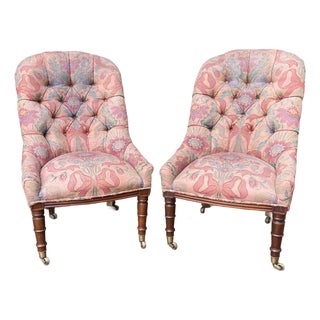 English Edwardian Style Pair of Tufted Slipper Chairs For Sale