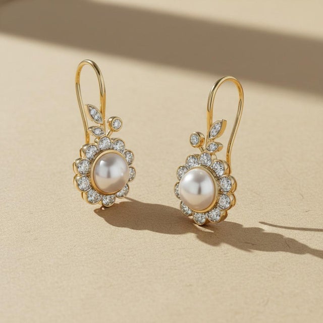 Modern Art Nouveau Pearl Flower and Leaf Drop Earrings, Silver, Gold, Pair For Sale - Image 3 of 7