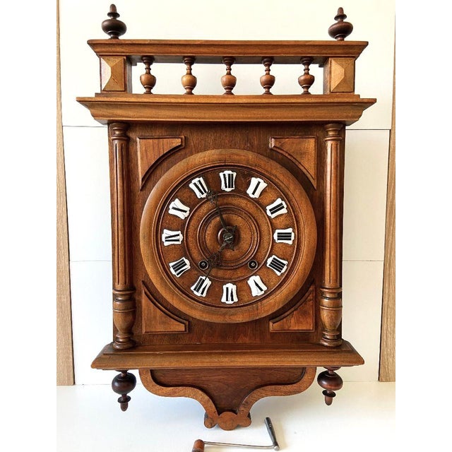 Large Antique French Mechanical Wall Clock in Wood, 1880s For Sale - Image 13 of 13
