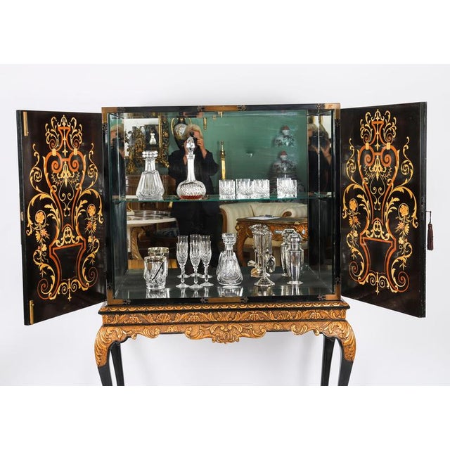 Antique Black Lacquered Marquetry Cocktail Cabinet on Stand, 1930s For Sale - Image 4 of 15