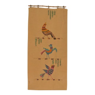 Vintage Hand Embroidered Crewel Peacock & Birds Wall Hanging For Sale