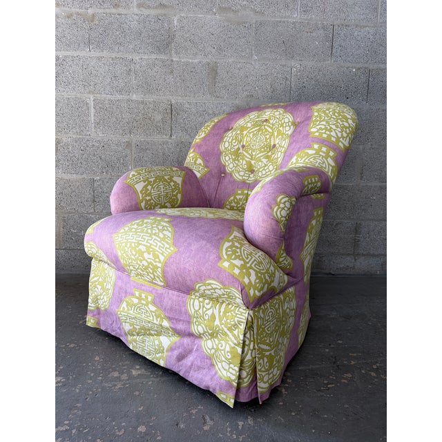 Chinoiserie / Hollywood Regency Fully Upholstered Lounge Chair by Laura Richard. Circa 1990s For Sale - Image 14 of 15