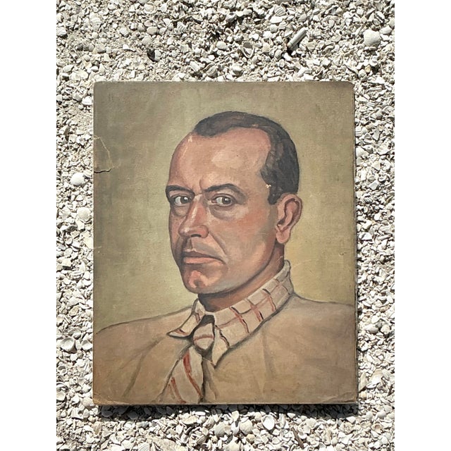 Beige Vintage Boho Original Oil Portrait on Paper For Sale - Image 8 of 12