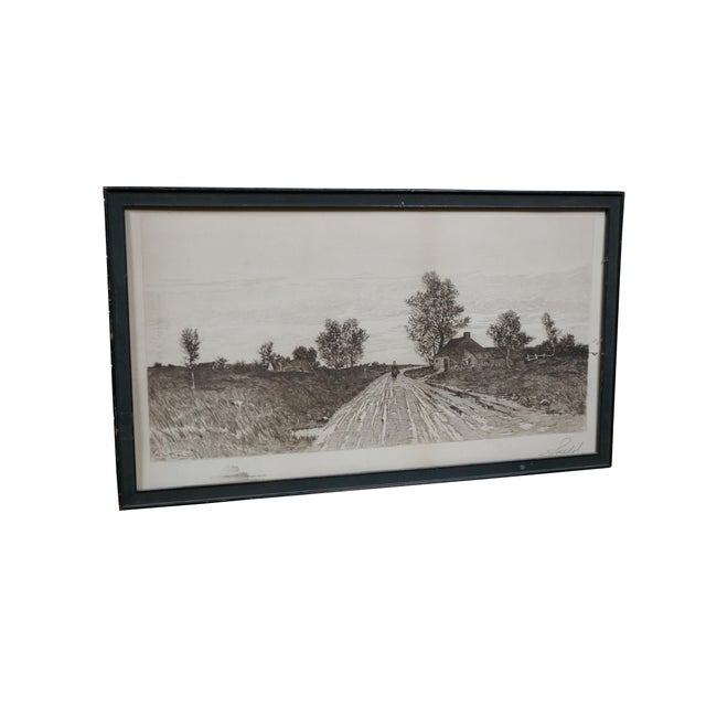 Late 19th century black and white panoramic etching by Edward Loyal Field. Broad fall / winter landscape of a dirt road...