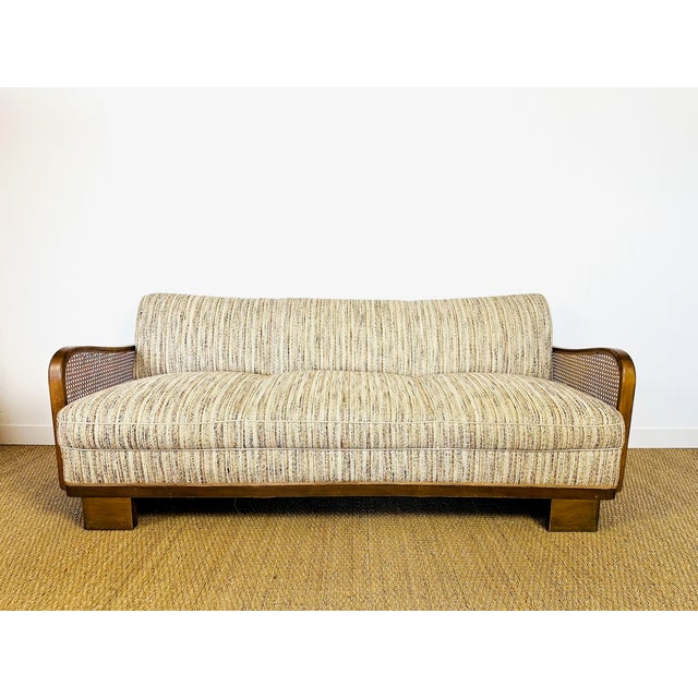 Art Deco Living Room Set in Curved Wood with Tweed and Cane, 1950s, Set of 3 For Sale - Image 4 of 18
