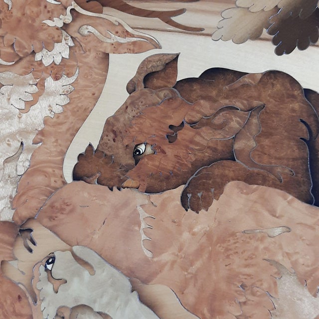 1960s Large Vintage Round Inlaid Wood Deer Painting, Italy, 1960s For Sale - Image 5 of 12