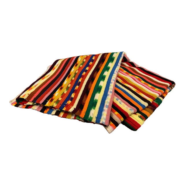 Mid 20th Century Hand Crocheted Large Rainbow Afghan Blanket For Sale