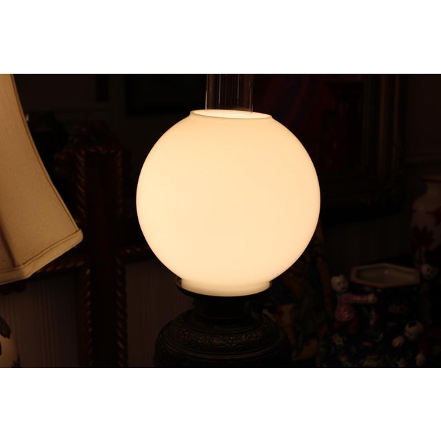 Antique Victorian Bradley & Hubbard (B&h) Brass Banquet Lamp W/ Milk Glass Globe For Sale In Dallas - Image 6 of 10