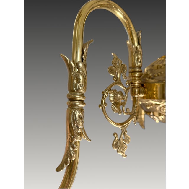 Vintage Brass 2-Up 2-Down Chandelier, Etched Glass Shades, Victorian Revival Lighting Fixture For Sale - Image 10 of 18