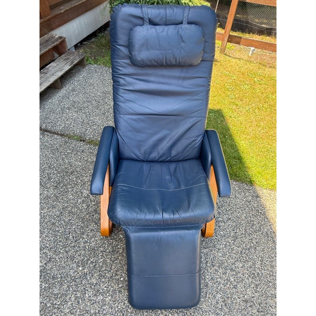 Vintage Nepsco Backsaver Bentwood Frame Reclining Chair With Blue Leather Upholstery Relax the Back For Sale - Image 9 of 11
