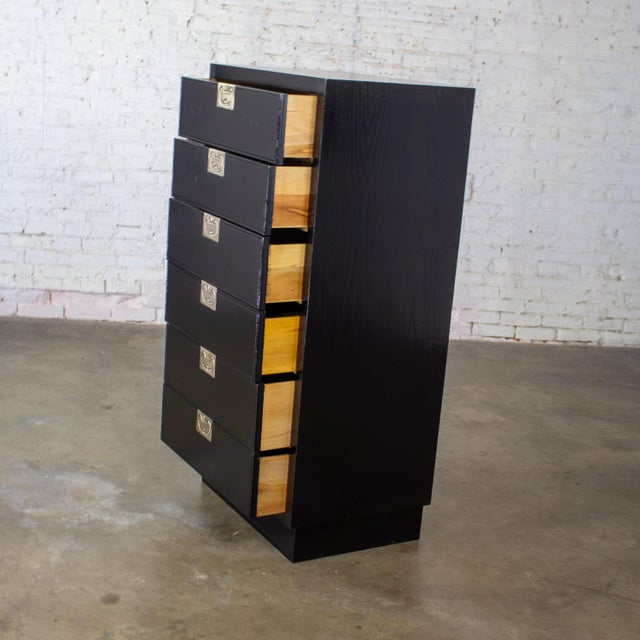 Wood Mid to Late 20th Century Modern Campaign Henredon Black Narrow Chest of Drawers or Lingerie Cabinet For Sale - Image 7 of 18