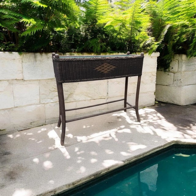 Antique Hemp Woven Rectangular Planter on Stand with turned spindle wood legs with slight outward shaping, geometric...