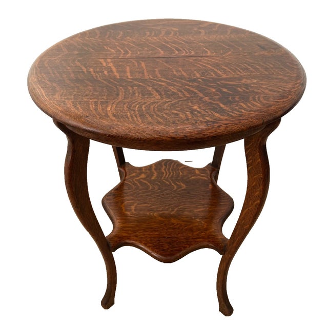 Wood Antique Round Table With Square Bottom Plant Book Shelf, Quarter Sawed Tiger Oak For Sale - Image 7 of 11