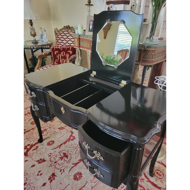 French 1960s French High Gloss Black Vanity With Two Drawers and a Lift Up Middle Storage Area With Mirror. For Sale - Image 3 of 4
