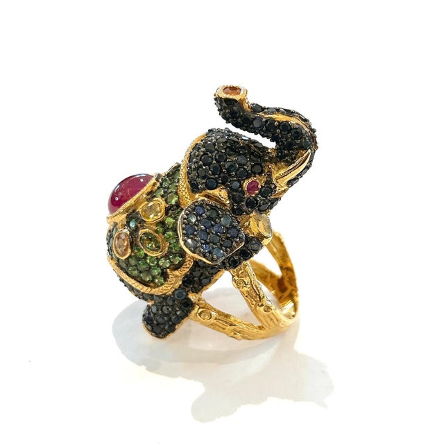 Bochic "Orient" Ruby, Emerald & Sapphire Elephant Rings Set In 18K Gold & Silver For Sale - Image 4 of 18