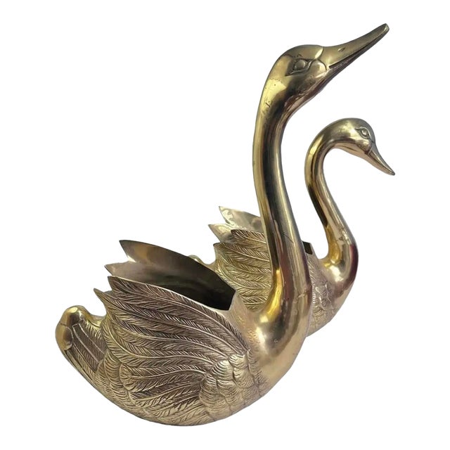 Large Vintage Brass Swan Planters - A Pair For Sale