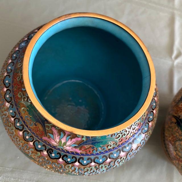 Metal Matching Vintage Chinese Jingfa Cloisonne Vases/Urns With Original Foo Dog Finial Lids For Sale - Image 7 of 12