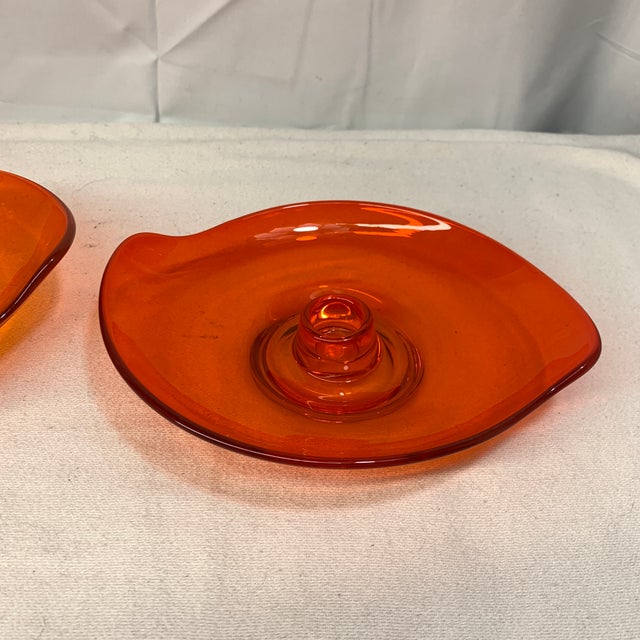 Mid-Century Modern Pair of Vintage Viking Glass "Epic" Persimmon Orange Candle Holders For Sale - Image 3 of 7