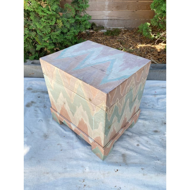 Wood Vintage Hand-Painted Flame Chevron Wood Box on Stand For Sale - Image 7 of 11