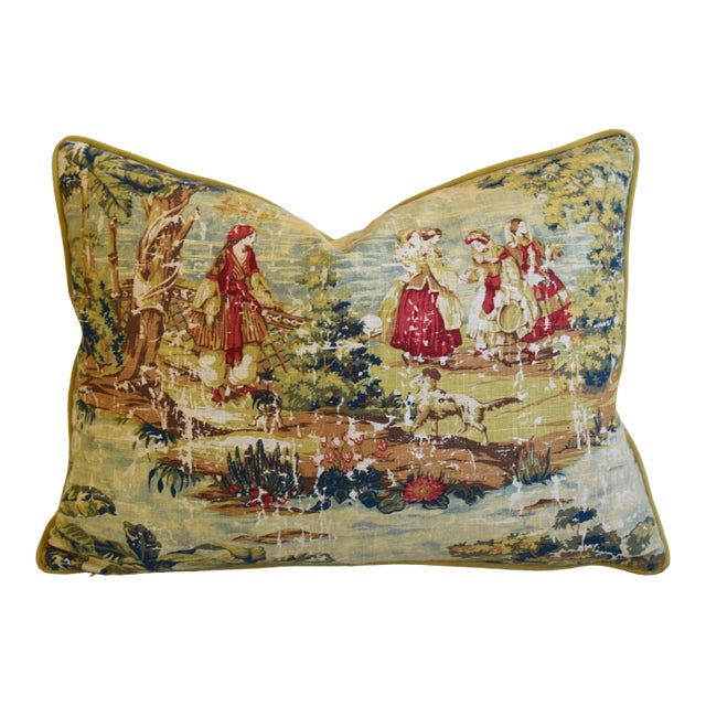 Romantic French Country Toile Linen & Velvet Feather/Down Pillow 24" X 18" For Sale
