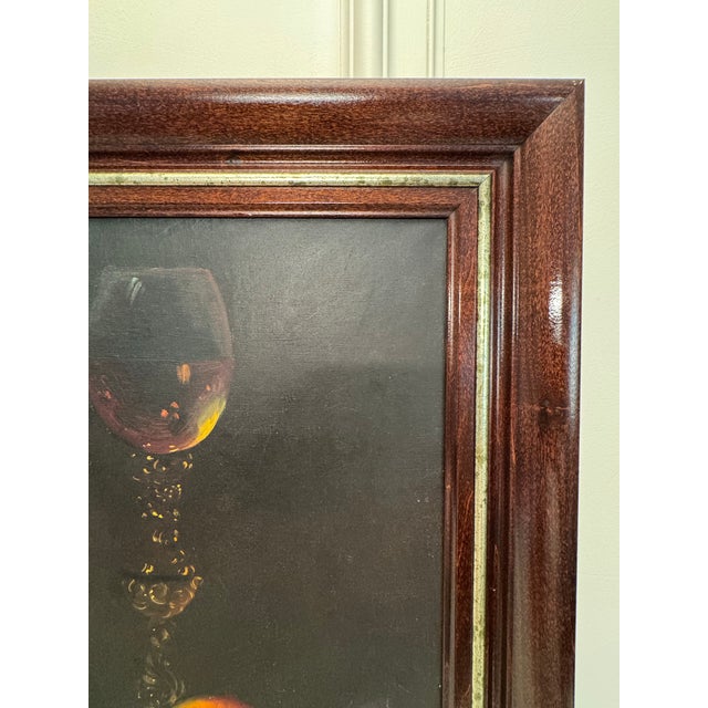 Vintage Moody Dutch Still Life Realism Original Oil Framed Painting, Chocolate Brown, Orange, Gold For Sale In Houston - Image 6 of 12