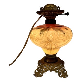 Early 20th Century Hand Painted Floral Gone With The Wind Oil Lamp Converted, w/ Nightlight For Sale