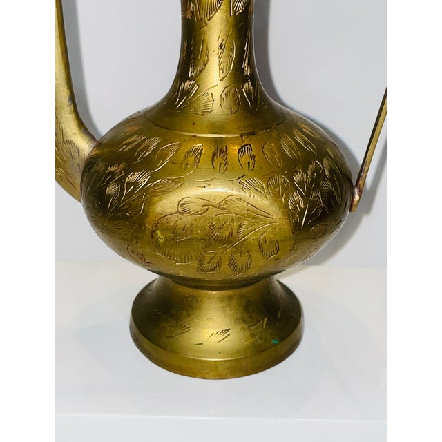 Mediterranean Vintage Ewer Aftaba Engraved Brass Surahi Dallah Teapot For Sale - Image 3 of 10