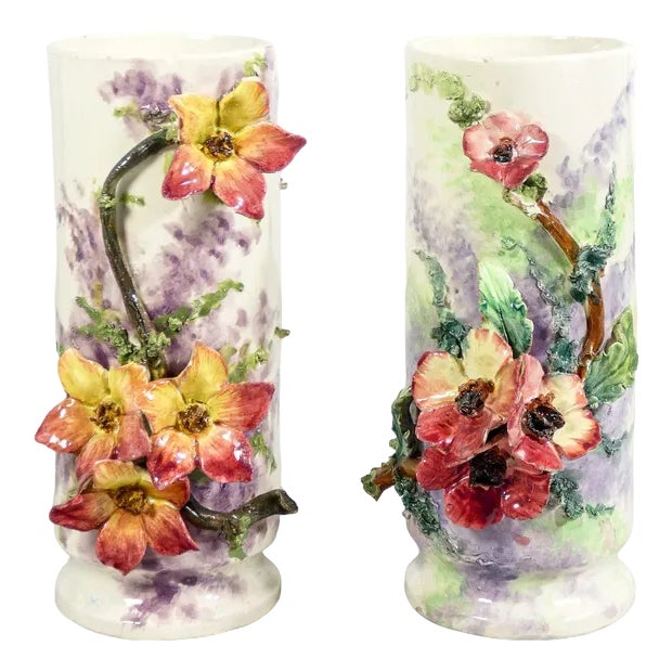Barbotine Ceramic Vases, France, 1930s, Set of 2 For Sale