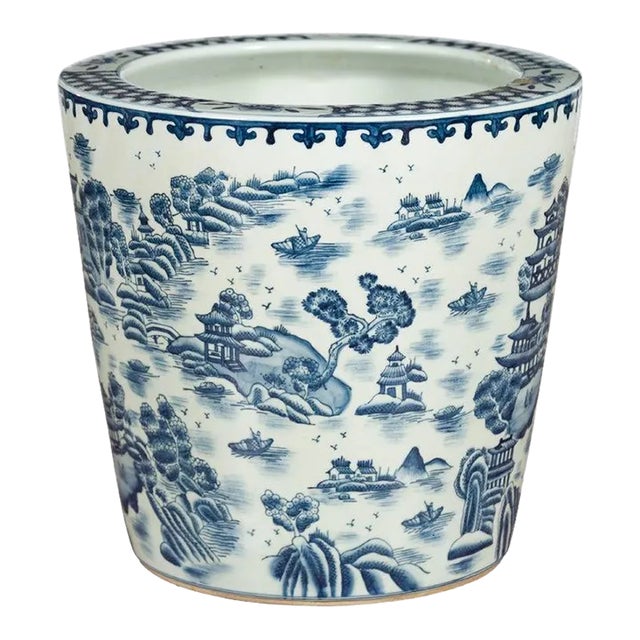 Vintage Porcelain Cache-Pot Planter with Blue & White Mountainous Landscape For Sale