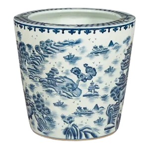 Vintage Porcelain Cache-Pot Planter with Blue & White Mountainous Landscape