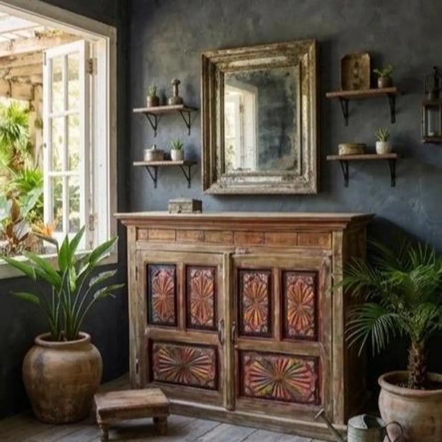 Wood Antique Boho Vanity Hand-Carved Pink Sideboard Cabinet With Sunburst Doors For Sale - Image 7 of 8