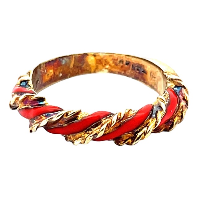 Vintage 14k Yellow Gold Orange Enamel Swirl Ring, Size 4 For Sale