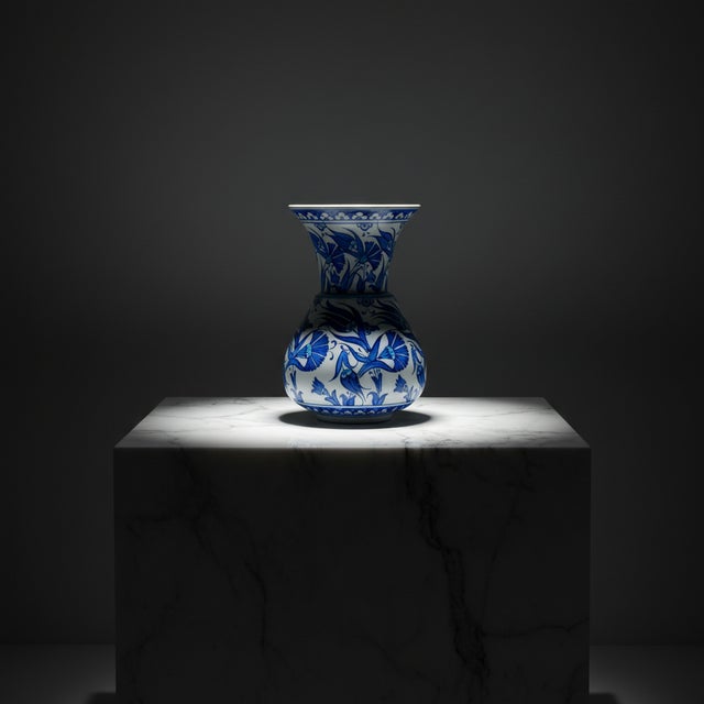 Ceramic Handmade Ceramic ”Kandil” Vase (20cm) – Blue and White Fan Carnations – Wide Flared Neck For Sale - Image 7 of 7