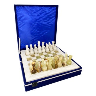 Handcrafted Marble & Onyx Chess Set With Shiny Wooden Storage Box – 12" Luxury Stone Game Board For Sale