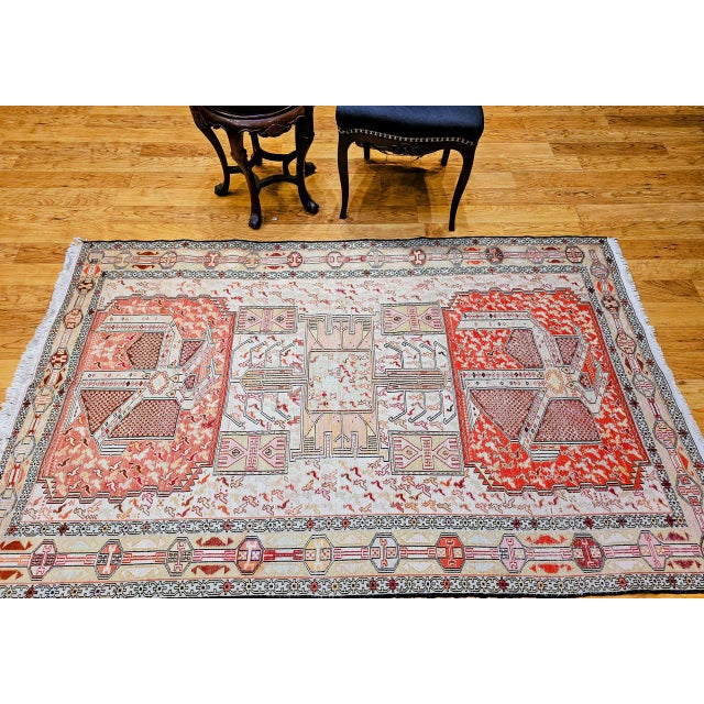Vintage Persian Shahsavan Soumak Tribal Rug, Handwoven Wool & Silk, Geometric Pattern, Ivory & Red, 4x7 For Sale In Chicago - Image 6 of 18
