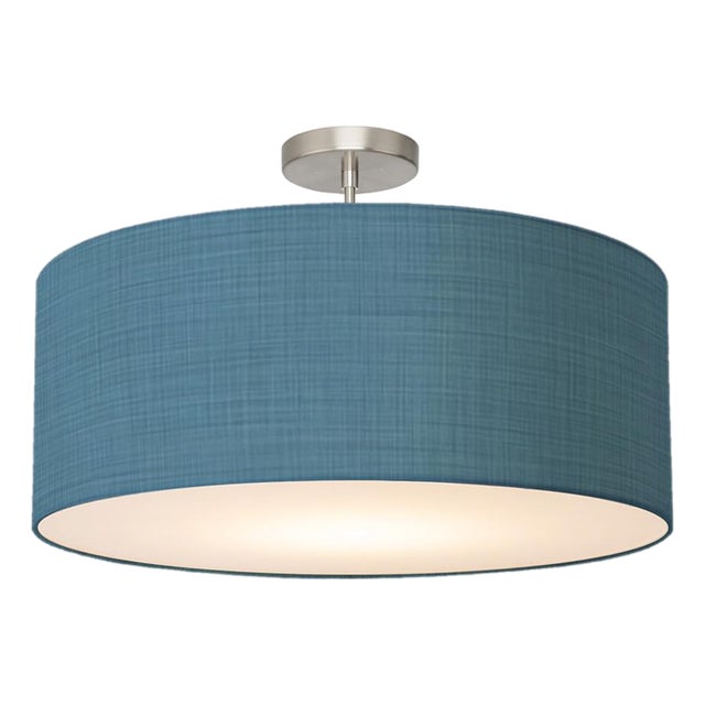 Stretch Semi Flush Mount, Turquoise Linen Shade, Satin Nickel For Sale