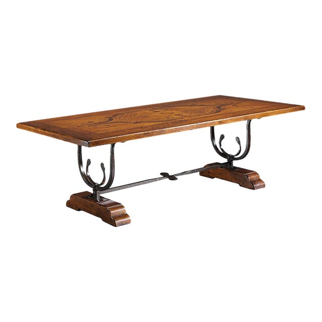 Italian Walnut Dining Table With Forged Iron Trestle Base For Sale