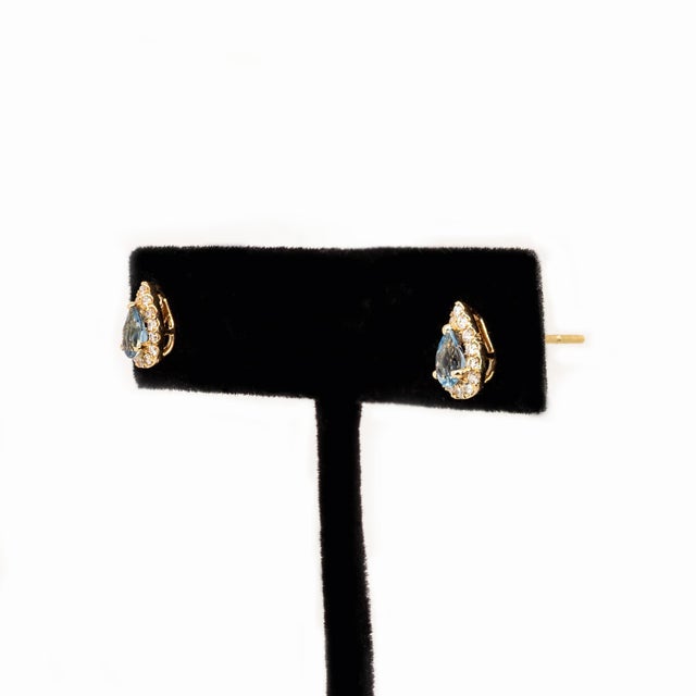 Aquamarine Earrings With Earth Mined Diamond Accents: 14k Solid Gold, Pear 5x3mm For Sale - Image 4 of 5