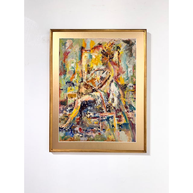 A vibrant 20th-century expressionist oil painting on board depicting a seated woman in an interior, signed Schoonmaker....