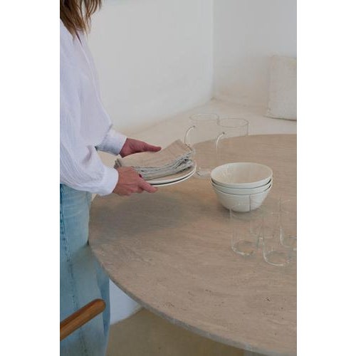 Round Top 140 Muted Beige Travertine Round Dining Table by Beije Avenue For Sale - Image 6 of 18