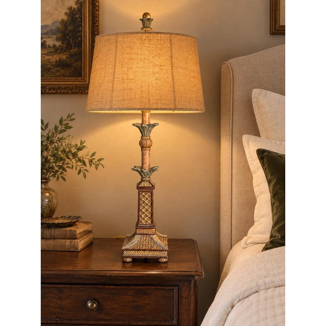Vintage Tropical Hollywood Regency Pineapple & Palm Leaf Table Lamp With Burlap Shade For Sale - Image 4 of 6