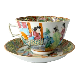 19th Century Chinese Export Rose Medallion Mandarin Palette Cup & Saucer