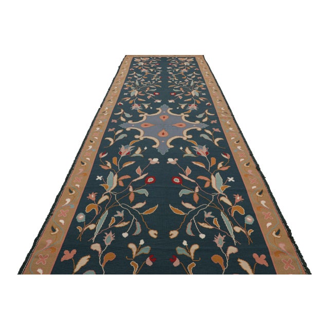 Modern Vintage Arraiolos Runner Rug in Blue With Floral Patterns, From Rug & Kilim For Sale - Image 3 of 6