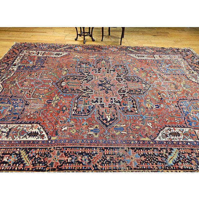Antique Persian Heriz Karajah Rug, Hand-Knotted Wool, Geometric Medallion Pattern, Brick-Red & Navy, 9x12 For Sale In Chicago - Image 6 of 17