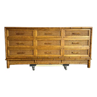 Mid Century Boho Faux Bamboo Wicker Dresser by American of Martinsville For Sale